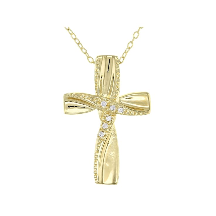 White Cubic Zirconia 18K Yellow Gold Over Sterling Silver Cross Pendant
With Chain 0.05ctw