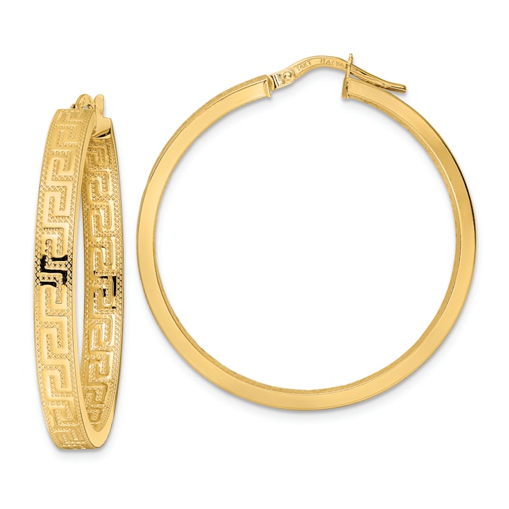 14k Yellow Gold 1 7/16" Textured Greek Key Hoop Earrings