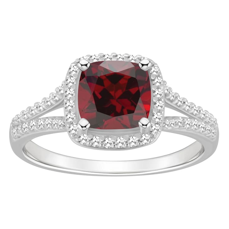 7mm Cushion Garnet 1/4 ctw Diamond Rhodium Over Sterling Silver Halo Ring