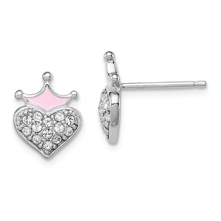 Rhodium Over Sterling Silver Enamel and Crystal Crown Heart Earrings