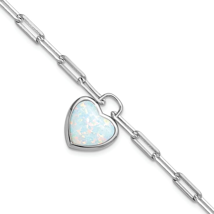 Rhodium Over Sterling Silver Lab Created Opal Heart Paperclip Link with
1-inch Extension Bracelet