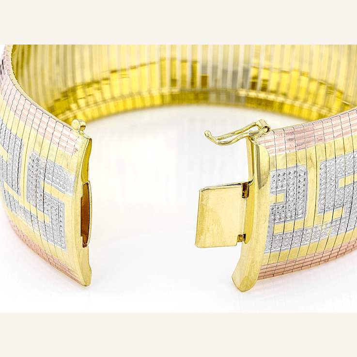 Tri-Color Greek Key Omega Bracelet In 18K Gold Over Bronze