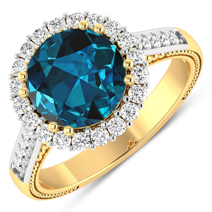 Round London Blue Topaz and Diamond 14K Yellow Gold Halo Ring 3.44 ctw