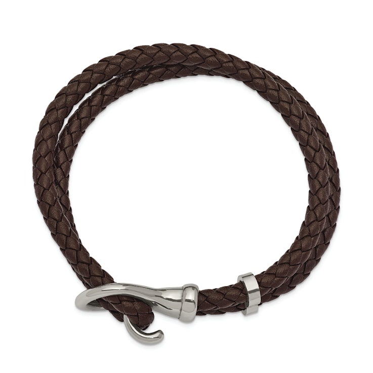 Brown Braided Leather and Stainless Steel Polished 8-inch Bracelet