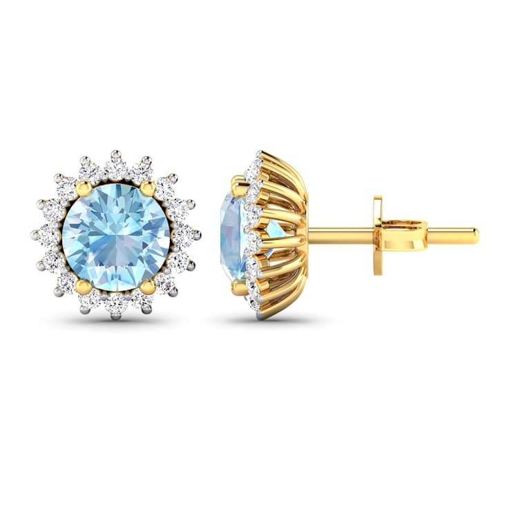 1.30ctw 14K Yellow Gold Aquamarine and White Diamond Halo Earrings