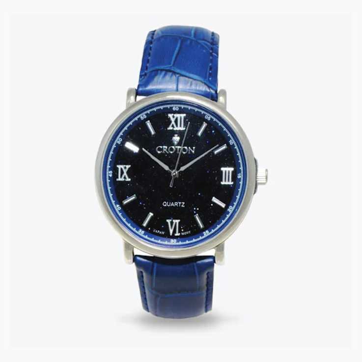 Croton Stainless Steel Quartz Watch with Blue Glass Dial and Leather Strap