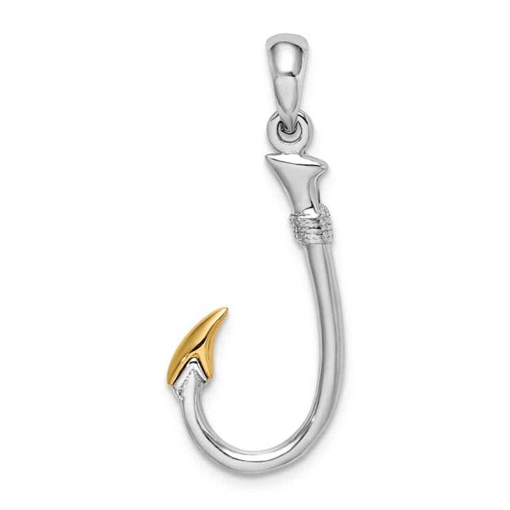 Rhodium Over Sterling Silver 3D Fish Hook with 14k Yellow Gold Accent Pendant