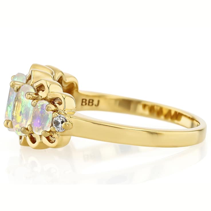 Opal And White Zircon Band Ring In 18K Gold Over Sterling Silver 1.17ctw