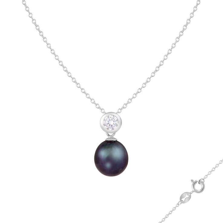 7-8mm Black Cultured Freshwater Pearl Sterling Silver Pendant W/Chain