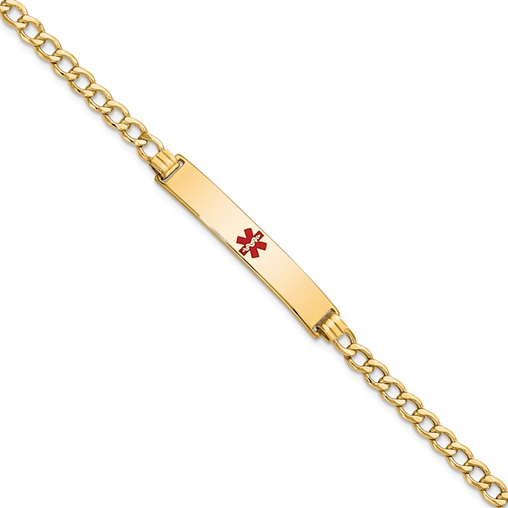 14k Yellow Gold Medical Polished Red Enamel Curb ID Bracelet