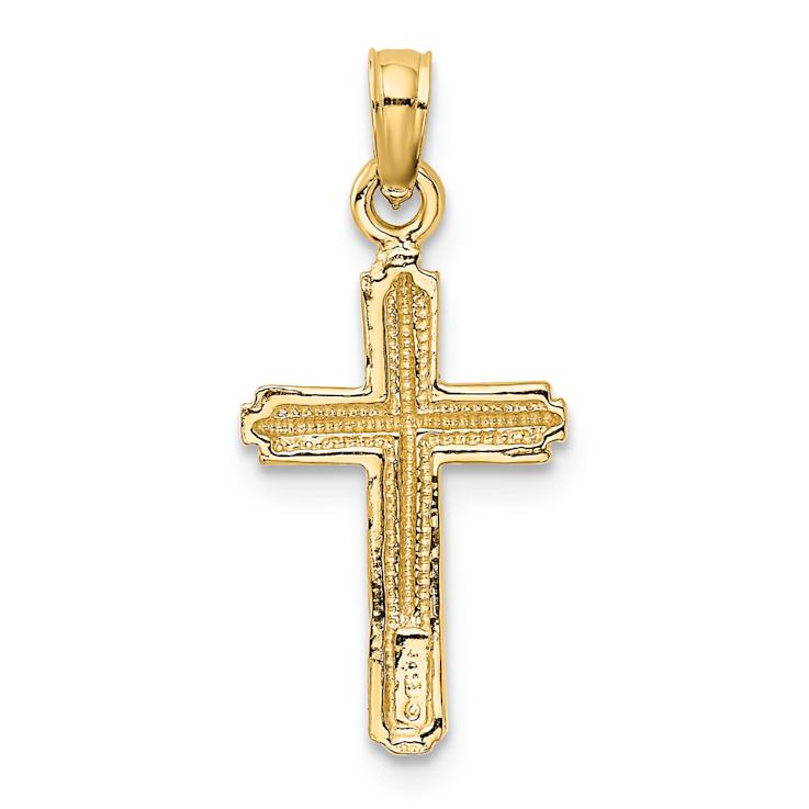 14k Yellow Gold Polished Cross with Stripped Border Pendant