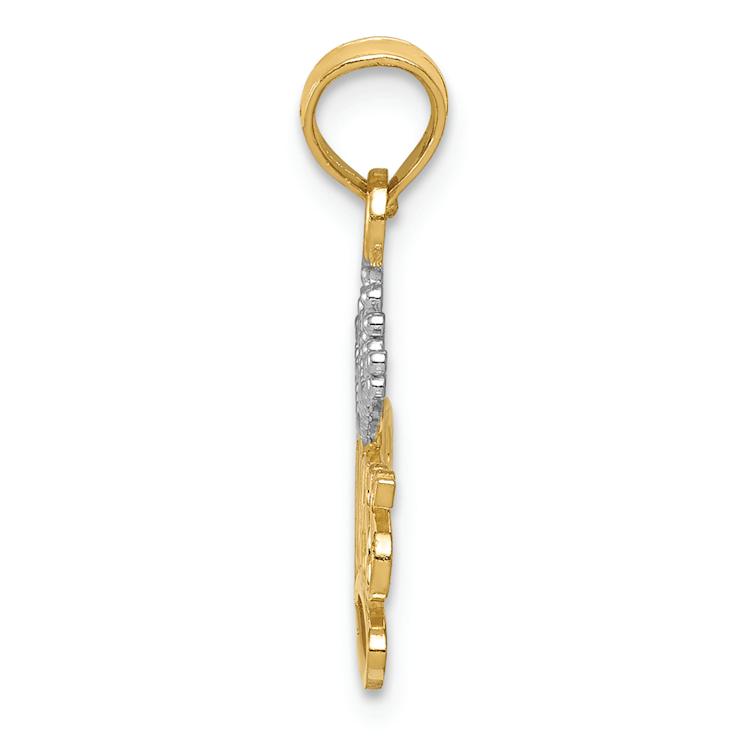 14k Two-tone Gold  Polished and Textured Princess with Crown Pendant