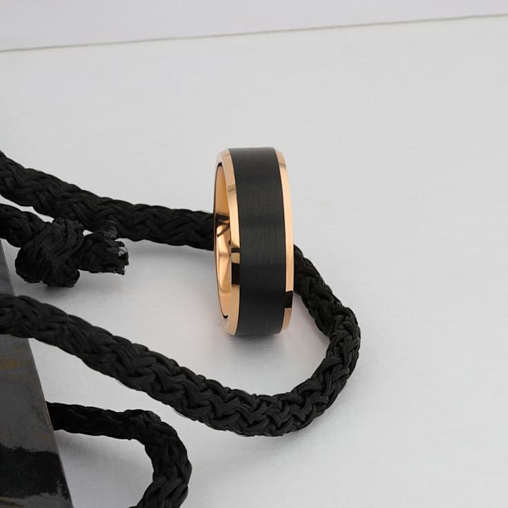 HAYDEN Rose Gold Plated Tungsten Polished Beveled Ring with Brushed
Black Center 8mm