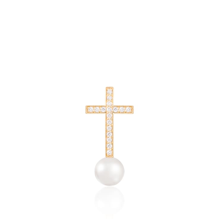 White Cultured Freshwater Pearl and Diamond 14K Yellow Gold Pendant 6-6.5mm