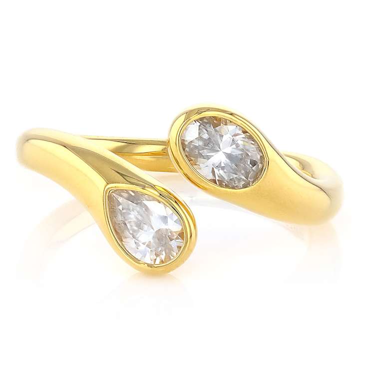 Oval And Pear Moissanite Bypass Two-Stone Ring In 14K Gold Over Sterling Silver