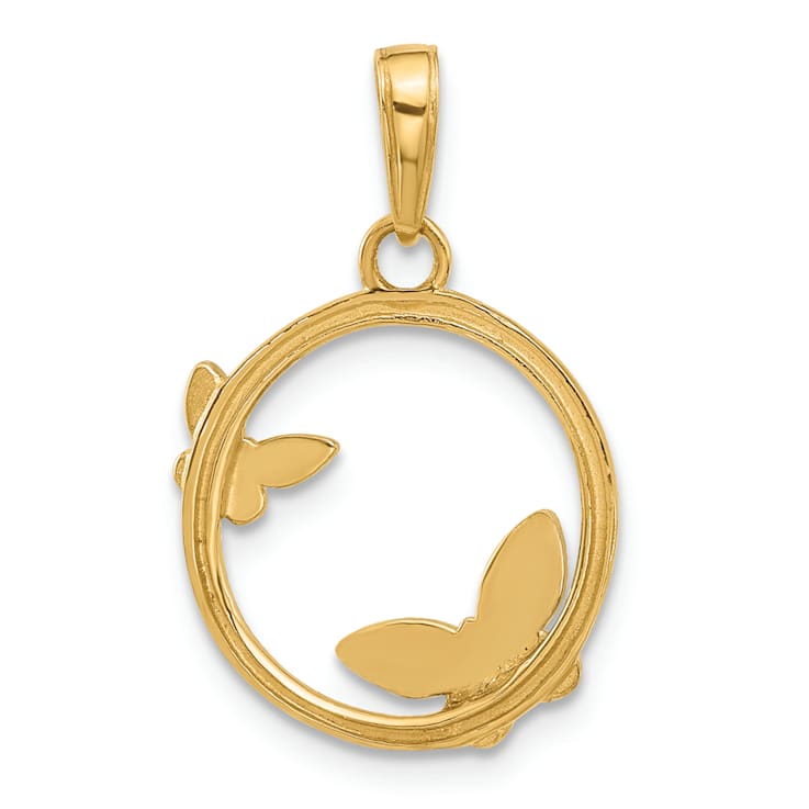 14k Two-tone Gold Diamond-Cut Butterflies on Circle Pendant