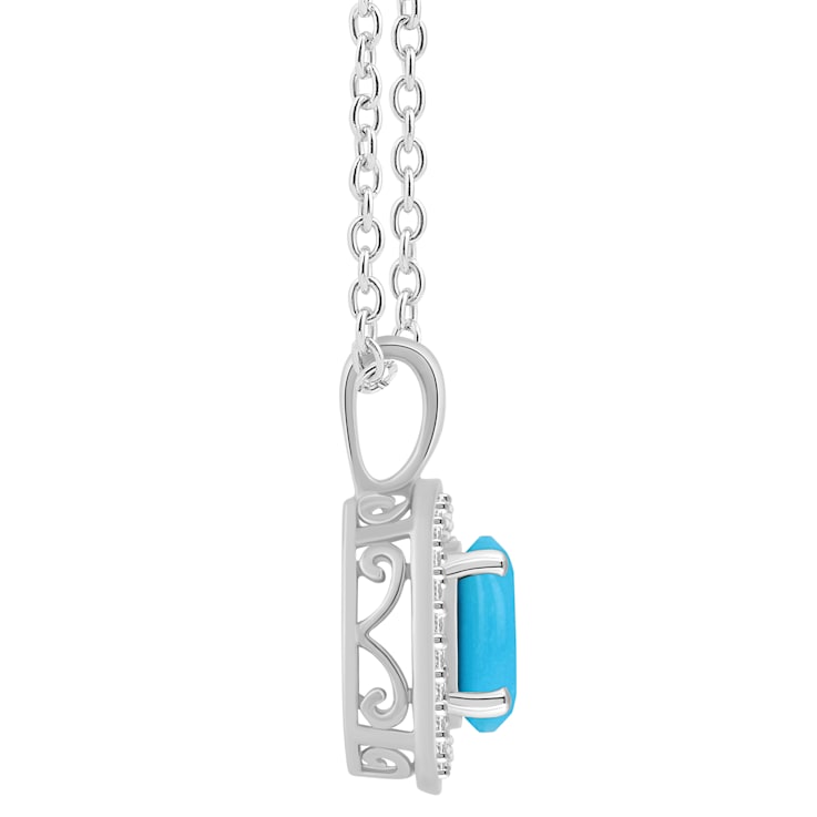 7mm Round Turquoise 1/8 ctw Diamond Rhodium Over Sterling Silver Halo
Pendant with Chain