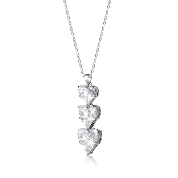 Heart Shape CZ Three-Stone Pendant In Sterling Silver