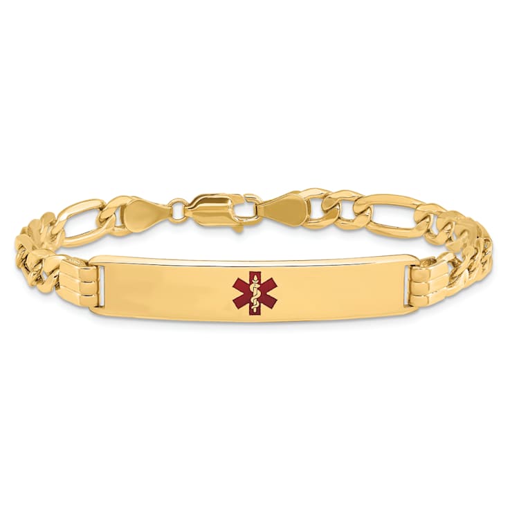 14k Yellow Gold Medical Red Enamel Figaro Link ID Bracelet