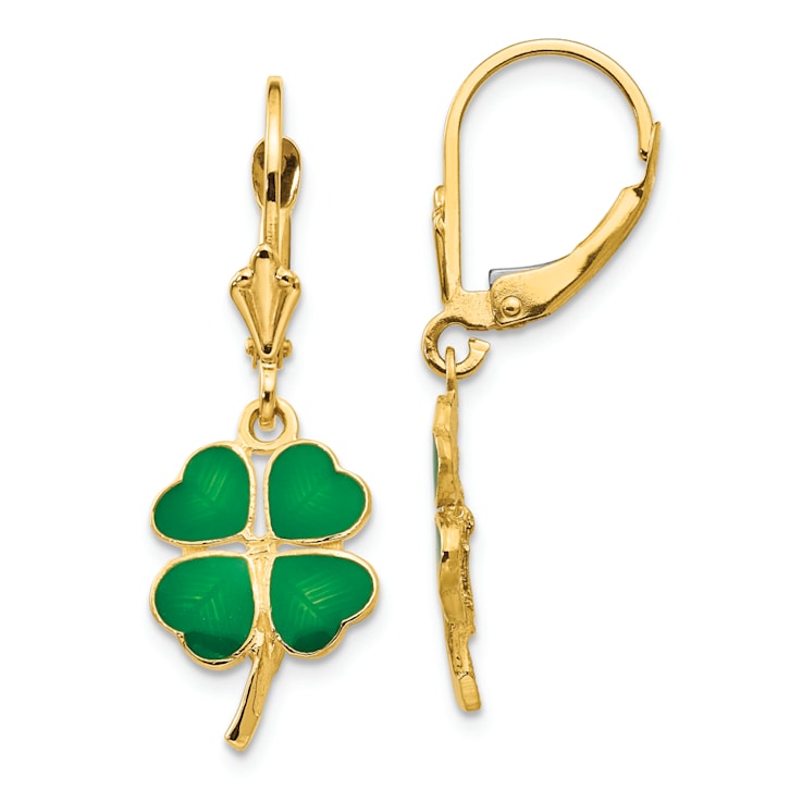 14k Yellow Gold Green Enameled Clover Dangle Earrings
