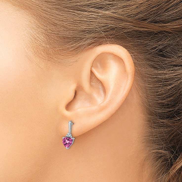Rhodium Over 14K White Gold Lab Created Pink Sapphire and Diamond Heart Earrings