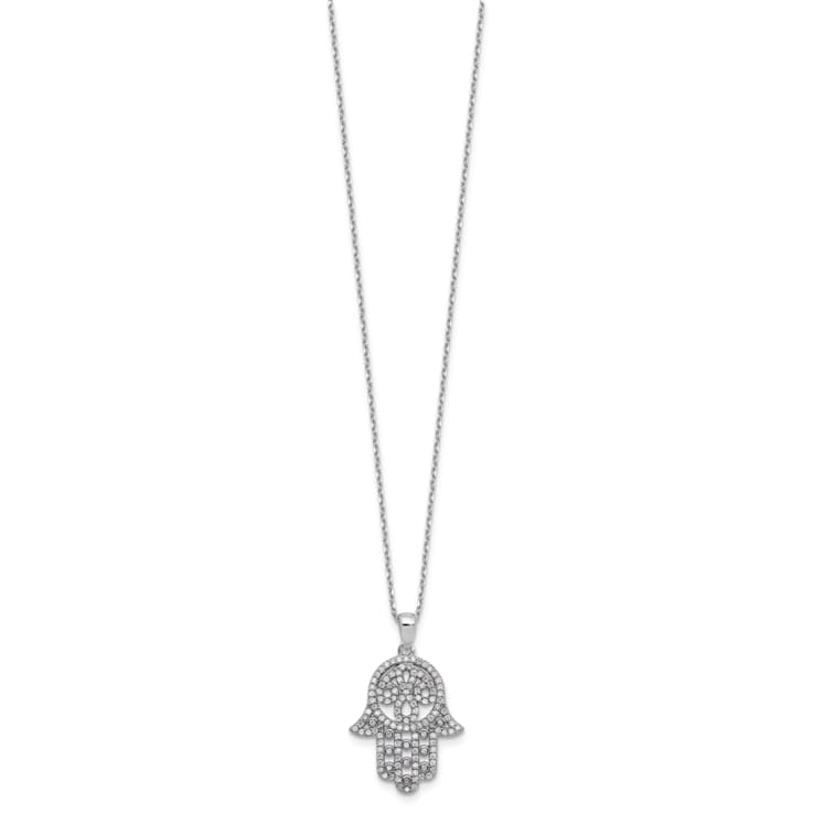 Rhodium Over Sterling Silver Polished Cubic Zirconia Hamsa Necklace