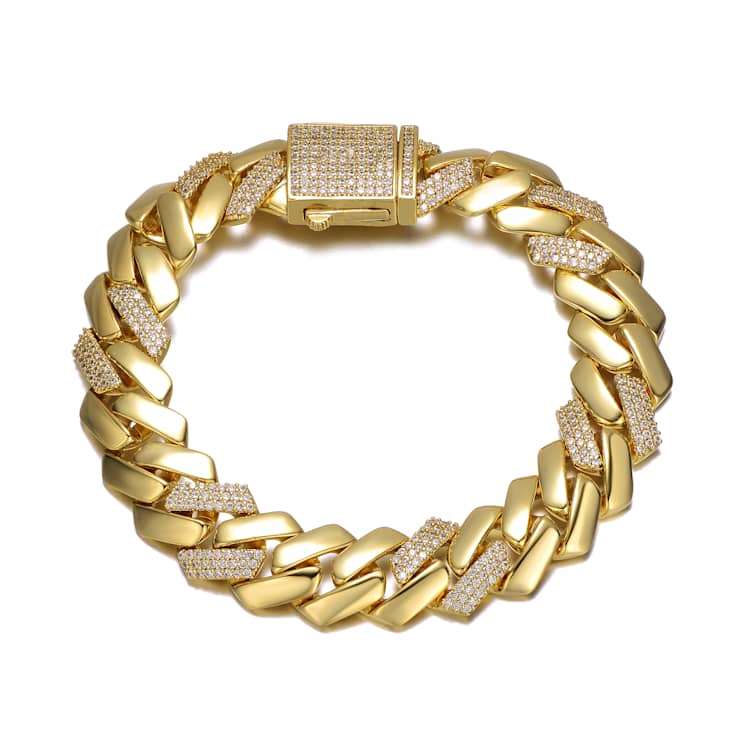 Pave CZ Miami Cuban Curb Link Bracelet In 14K Gold Over Brass