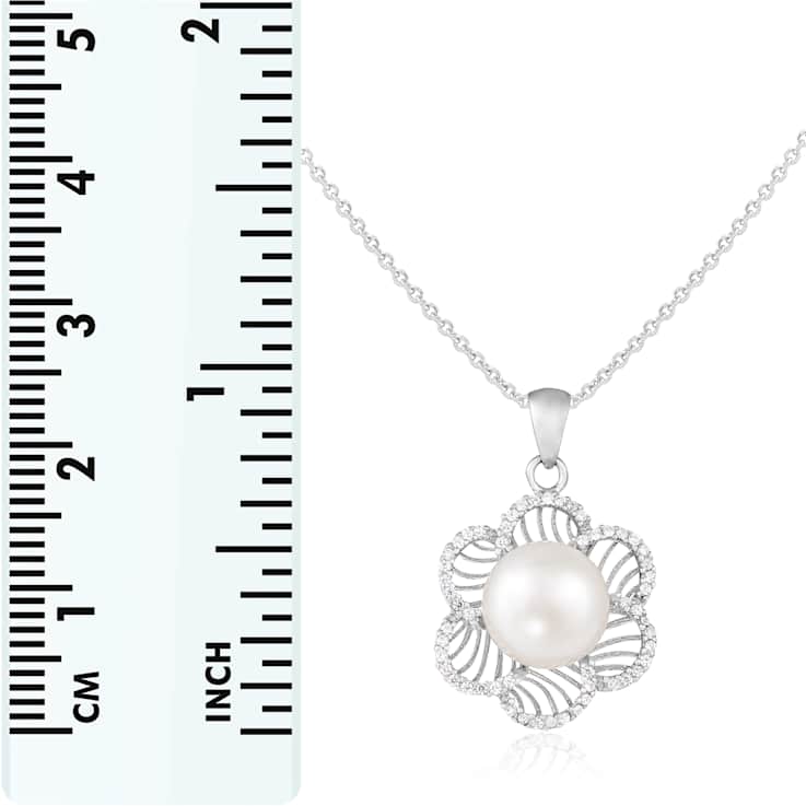 9-10mm Button White Cultured Freshwater Pearl and CZ Rhodium Over
Sterling Silver Pendant