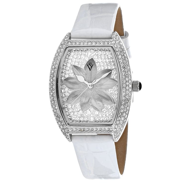 Christian Van Sant Women's Lotus White Dial, White Leather Strap Watch