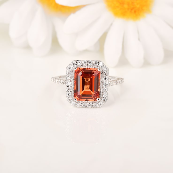 Peach Orange Lab Created Padparadscha Sapphire & Moissanite Rhodium
Over Silver Halo Ring