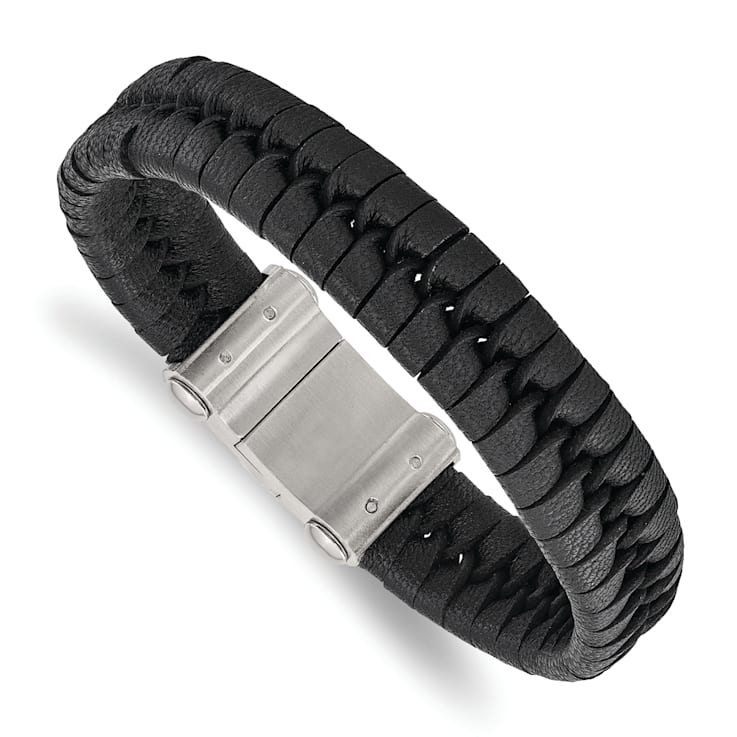 Black Leather and Stainless Steel Brushed 8.5-inch Bracelet
