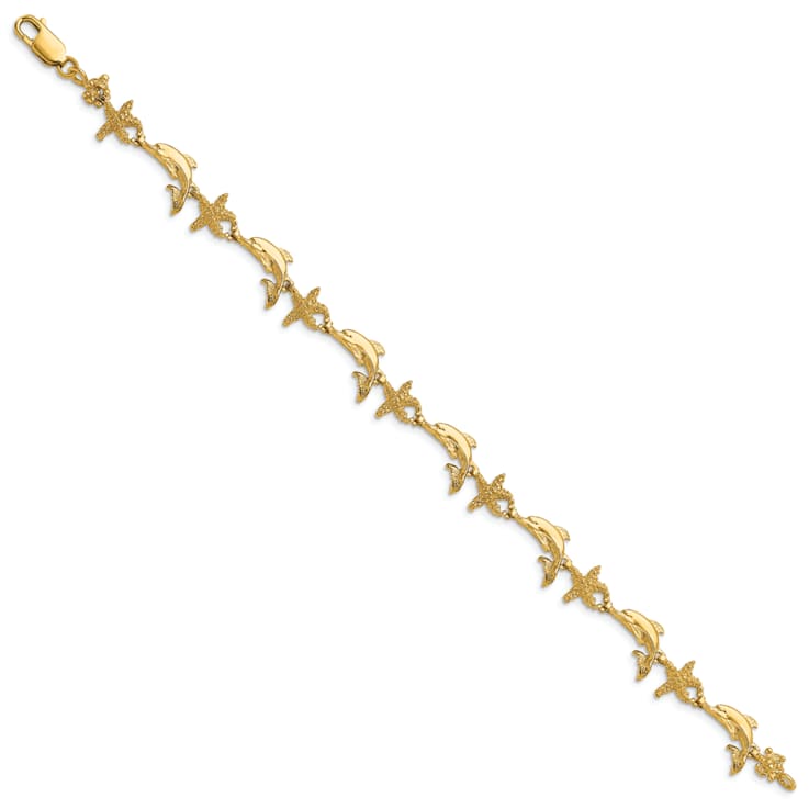 14k Yellow Gold Textured Dolphin and Starfish Link Bracelet