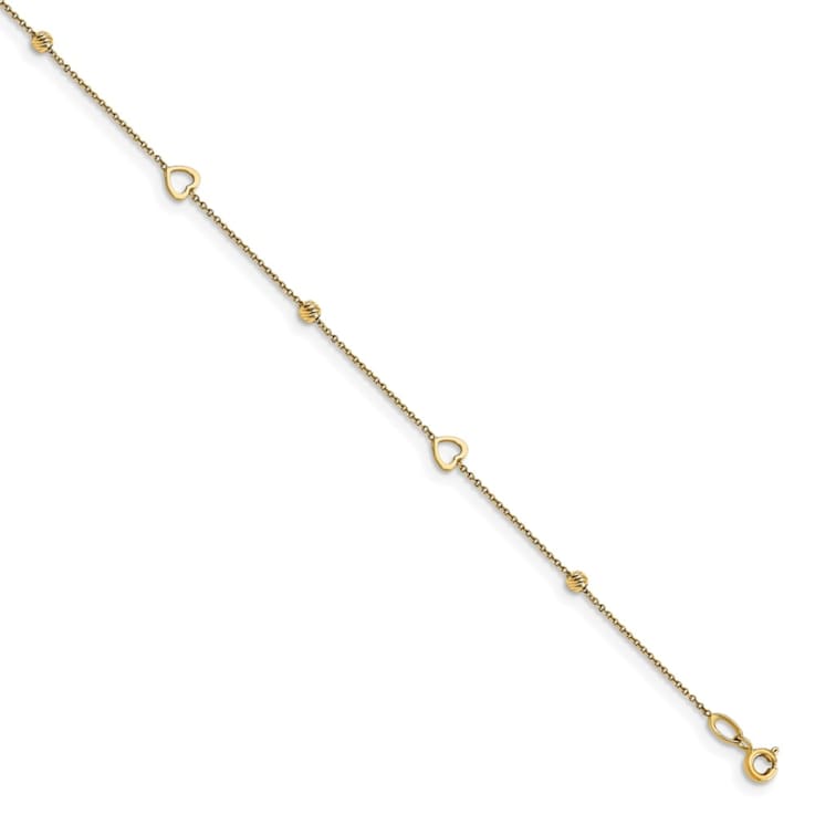14K Yellow Gold Polished and Diamond-cut Heart with 1-inch Extension Anklet