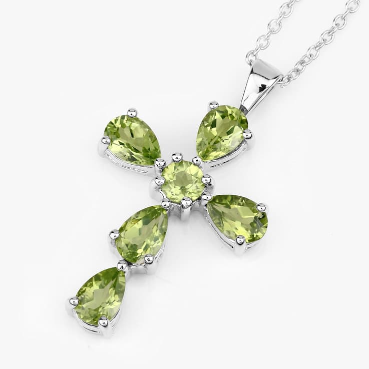 Green Peridot Rhodium Over Sterling Silver Cross Pendant With Chain