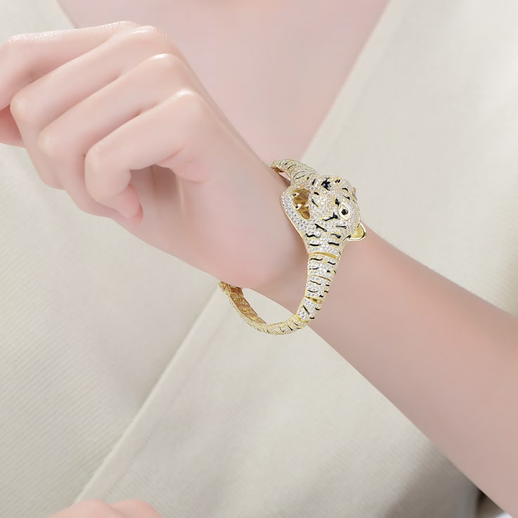Clear Cubic Zirconia, 14k Yellow Gold Plated over Sterling Silver
Leopard Bangle Bracelet