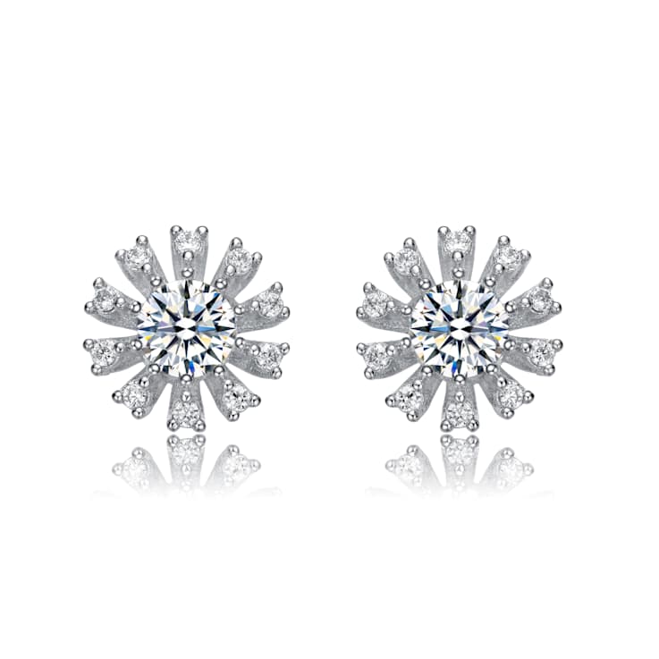 Floral CZ Stud Earrings In Sterling Silver