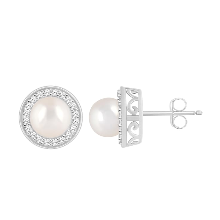 6mm Cultured Freshwater Pearl 1/5 ctw Diamond Rhodium Over Sterling
Silver Halo Stud Earrings