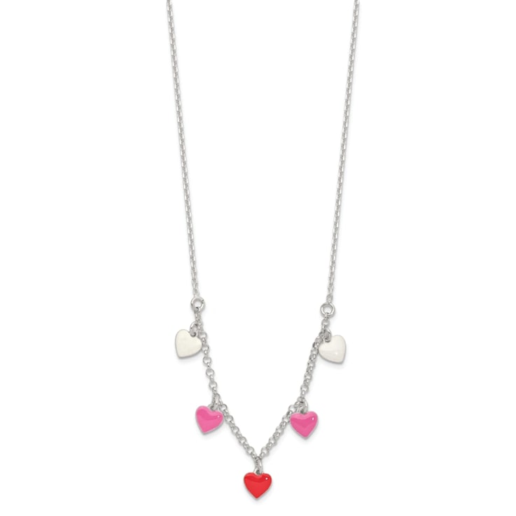 Sterling Silver Polished Pink, Red and White Enamel Heart Children's Necklace