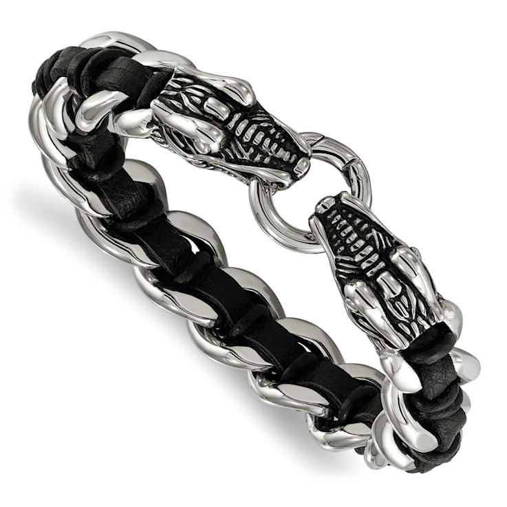 Stainless Steel Antiqued and Polished Dragon Head Black Leather Bracelet