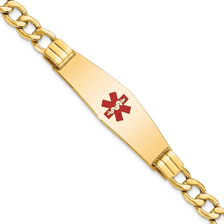 14k Yellow Gold Medical Soft Diamond Shape Red Enamel Curb Link ID Bracelet