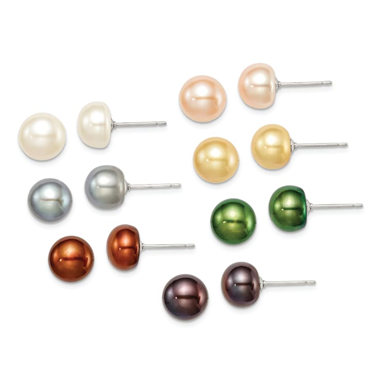 Sterling Silver 8-8.5mm Freshwater Cultured Pearl Button Set of 7 Ear Set