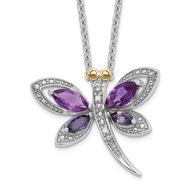 Rhodium Over Sterling Silver Amethyst, Iolite, and Diamond Dragonfly
18" with 2" Extension Necklace