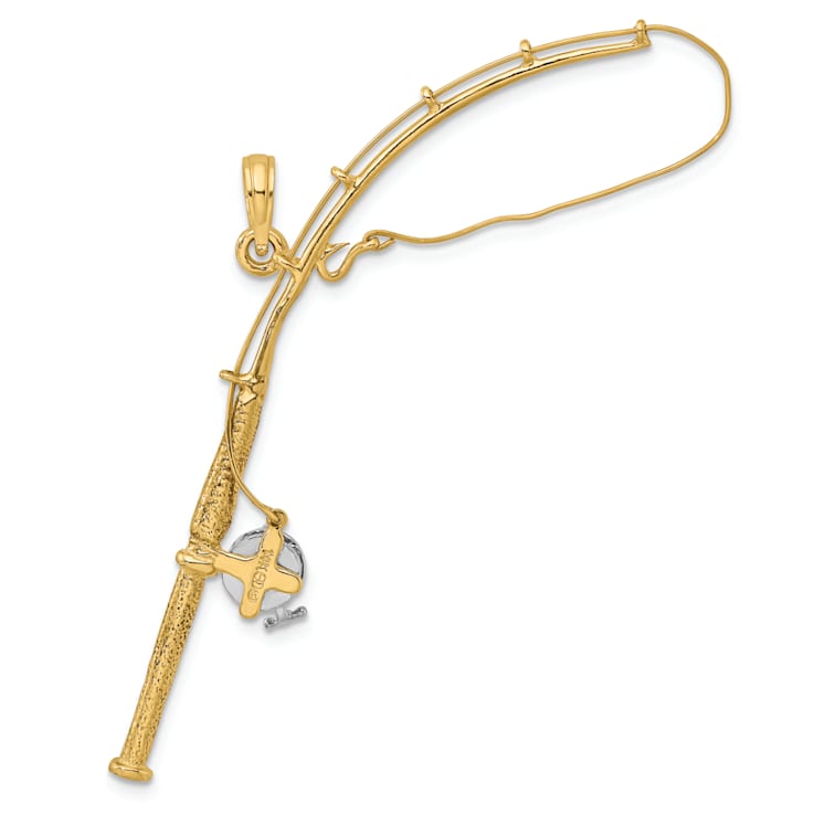 14k Two-tone Gold 3D Moveable Fishing Pole with Reel Charm