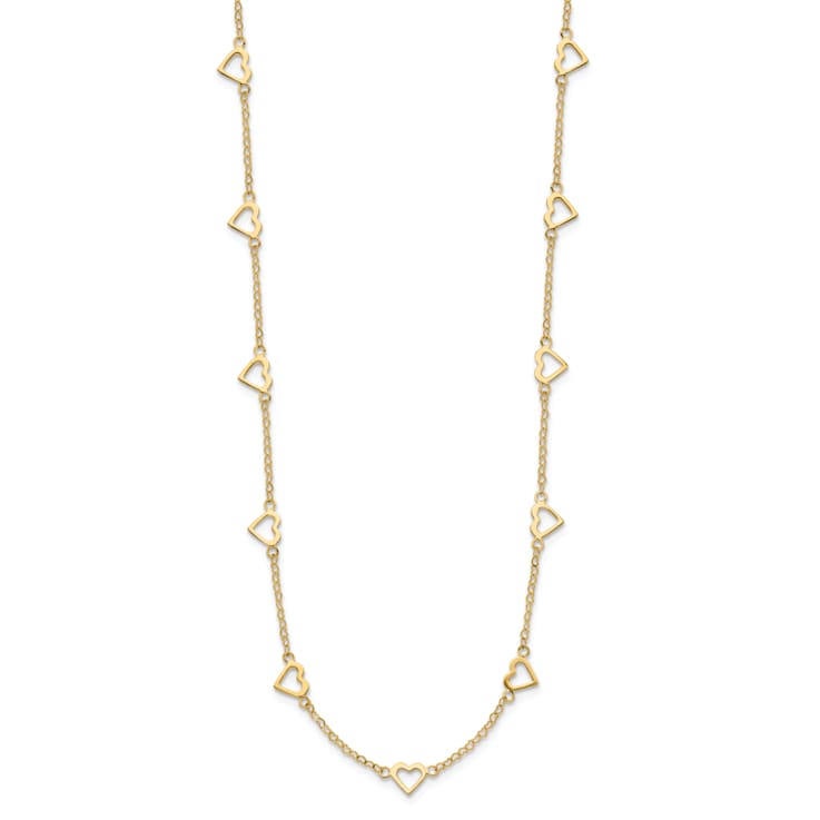 14K Yellow Gold Polished Open Hearts on Heart Link 17-Station Necklace