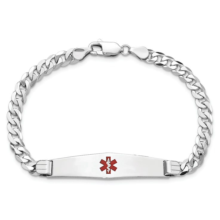 Rhodium Over 14k White Gold Medical Soft Diamond Shape Red Enamel Flat
Curb Link ID Bracelet