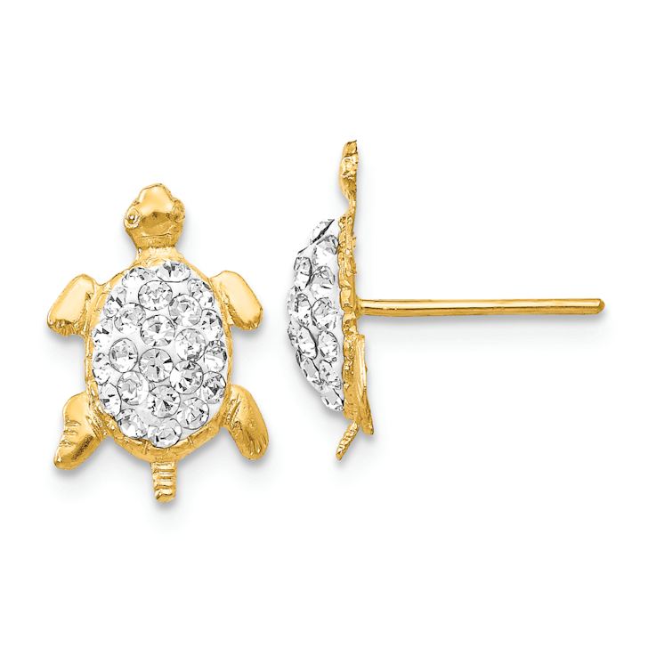 14k Yellow Gold Textured Crystal White Turtle Stud Earrings