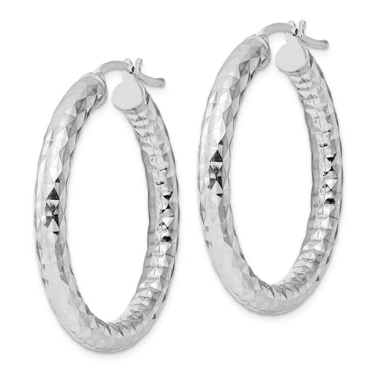Rhodium Over Sterling Silver 4.00mm Diamond-cut Hoop Earrings