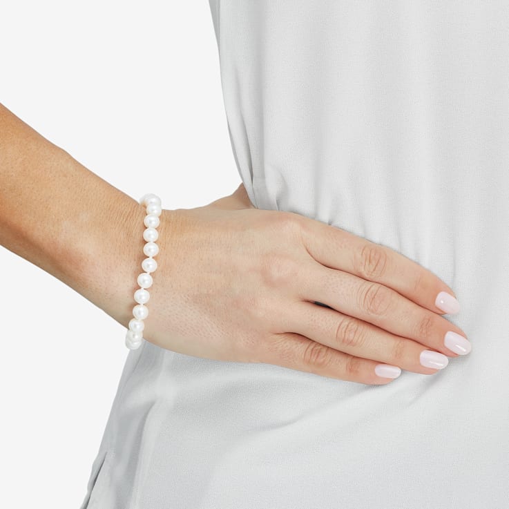 7-8mm Round White Freshwater Pearl 14K Yellow Gold Tennis Bracelet