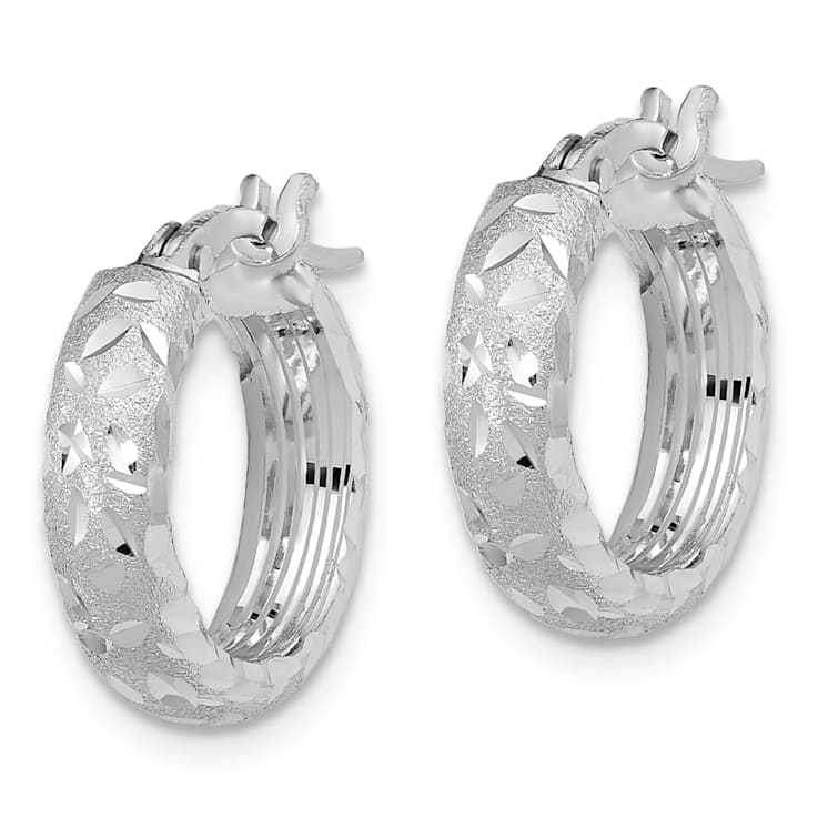 Rhodium Over 14k White Gold Satin and Diamond-Cut 11/16" Hoop Earrings