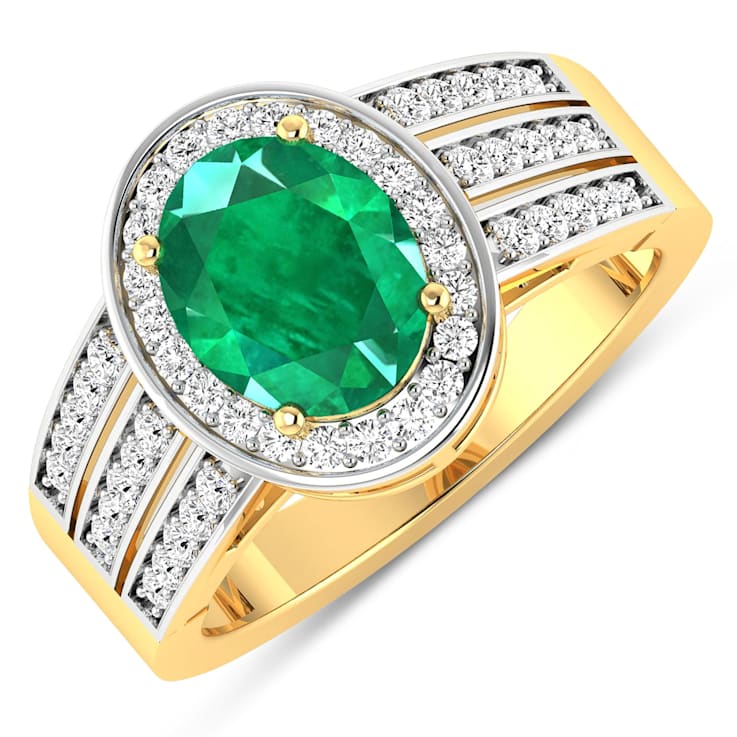 1.97ctw Green Emerald and Diamond 14K Yellow Gold Halo Ring